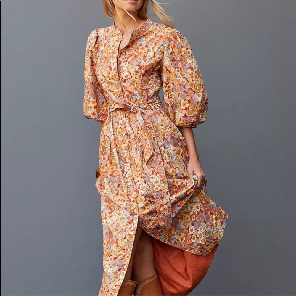 Anthropologie Love The Label Charisma Floral Maxi Dress Puff Sleeve Pearl Snap S